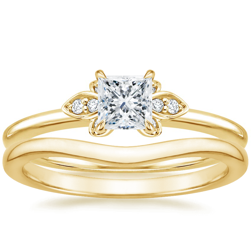18K Yellow Gold Fiore Lab Diamond Ring with Petite Curved Wedding